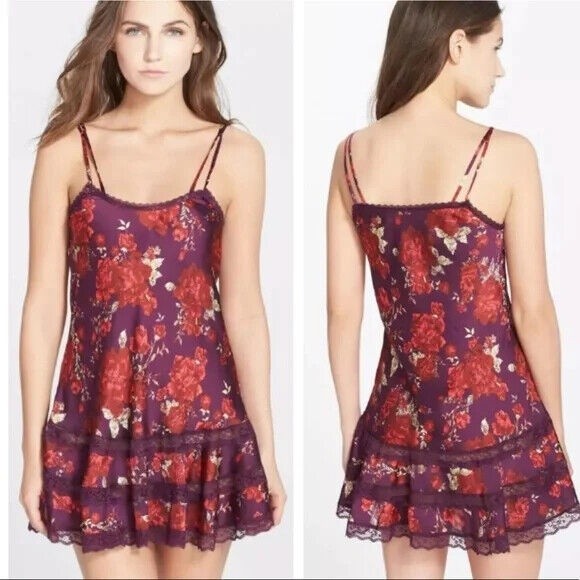 Intimately Free People Dress Satine Red Floral Lace Satin Slip Womens SMALL - Picture 1 of 6